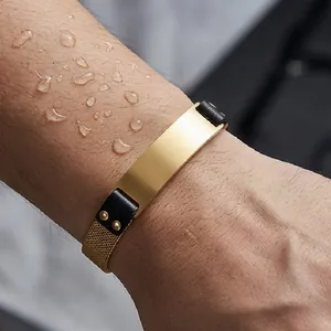Waterproof mechanical stainless steel bracelet for men featuring gold metal and black leather