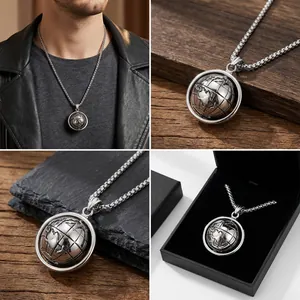 Rotating stainless steel globe pendant necklace for men with a black gift box
