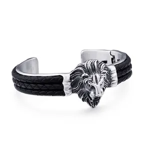 Bracelet pour homme en acier inoxydable à tête de lion avec cordons en cuir tressé noir