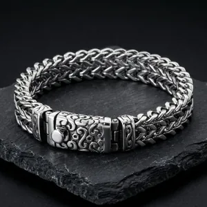 Punk style men's dragon chain bracelet with retro engraved buckle on black stone