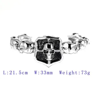 High-quality men's punk titanium steel skull cuff bracelet, 21.5cm length, 73g weight