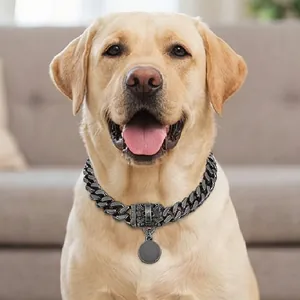 Dettaglio di un collare per cani Cuban Link da 20mm con fibbia a teschio su Labrador