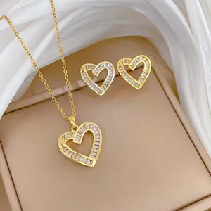 Heart Shaped Necklace And Earrings Jewelry Titanium Steel Gold Plated Copper Baguette Zircon With Silver Earring Post