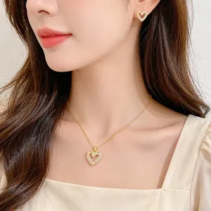 Titanium steel heart jewelry set featuring gold necklace and earrings with CZ crystals