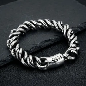 Heavy polished titanium steel men's twisted curb link bracelet with secure press buckle