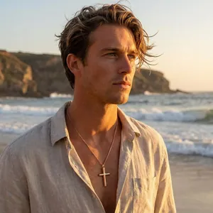Collana con ciondolo a croce classica in oro rosa indossata da un modello sulla spiaggia