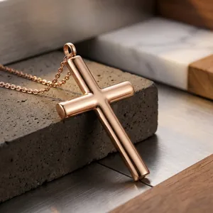 Dettaglio macro del ciondolo a croce in oro rosa con finitura a specchio su pietra