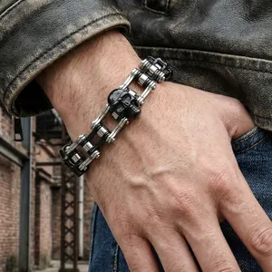 Men's 16mm stainless steel bike chain bracelet featuring a black skull accent