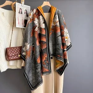 Sciarpa in Stile Cinese a Forma di Magnolia per Donna Pittura a Olio Artistico Imitazione Cashmere Scialle Inverno Caldo
