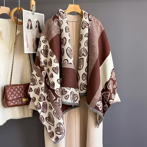Women Fashion Heart Pattern Plaid Scarf Imitation Cashmere Warm Shawl With Tassels For Winter Autumn Elegant Scarf