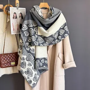 Plaid heart pattern cashmere-like scarf with fringe, elegant black and white winter wrap