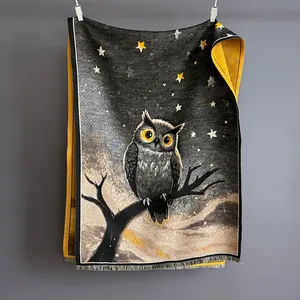 Artistic oil painting owl scarf pashmina with starry night sky and tassels