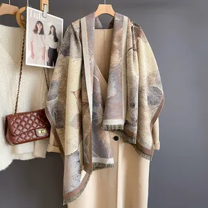 Dames Olieverf Herfstblad Sjaal Omslagdoek Met Kwastjes Zacht Warm Viscose Polyester Mix Herfst Winter Wikkeldoek Cadeau