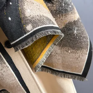 Close-up of the artistic oil painting pattern and soft cashmere texture with tassels