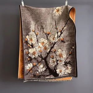 Ethnic oil painting style cashmere scarf with plum blossom prints and tassel fringe