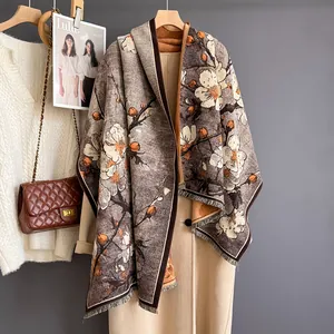 Women's Vintage Cashmere-Like Scarf Artistic Plum Blossom Print Thick Warm Shawl Wrap With Tassels For Winter Autumn