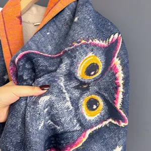 Artistic oil painting owl print scarf, soft imitation cashmere shawl for winter
