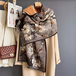 Detailed texture of ethnic floral print scarf with soft fringe and oil painting style