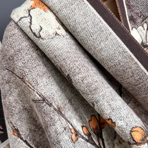 Close-up of ethnic floral oil painting print on premium faux cashmere warm scarf
