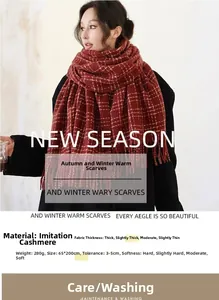 Detail of red plaid faux cashmere scarf showing texture, tassels and 65x200cm size specs