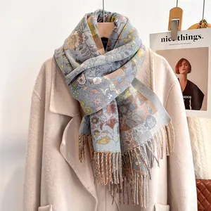 Winter vintage floral cashmere-feel scarf with tassels and blue yellow pattern