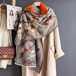 Ethnic oil painting plum blossom print scarf in grey cashmere feel with tassels