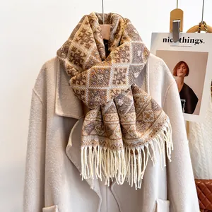 Sciarpa da Donna Retro Geometrica a Quadri con Nappine Scialle Caldo in Fibra di Viscosa Invernale Jacquard Elegante Gioielli