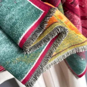 Detail of artistic oil painting owl print scarf with elegant grey fringe tassels