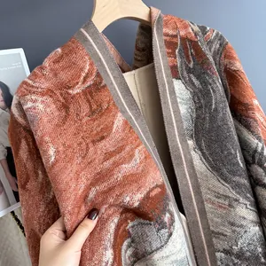 Gros plan du châle en tricot style peinture à l'huile avec motif paysage rétro