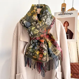 Detail of multi-color cashmere-feel scarf with vintage floral patterns and tassels