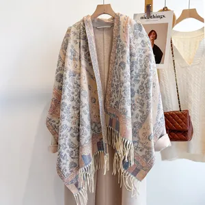Women's Ethnic Floral Scarf Vintage Thick Warm Imitation Cashmere Shawl Dual Use Winter Jacquard Flower Wrap With Tassels