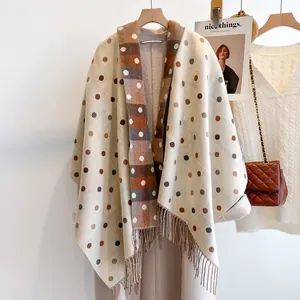 Women Double Sided Polka Dot Plaid Scarf Imitation Cashmere Winter Warm Shawl With Tassel Fashion Soft Pashmina Neck Wrap