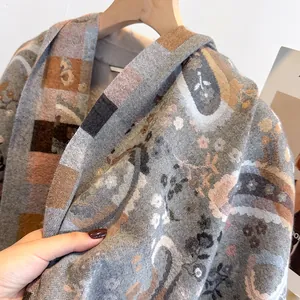 Ethnic paisley cashmere feel scarf with warm vintage floral patterns and thick knit texture
