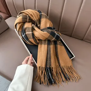 Classic thick plaid scarf with tassels for winter, camel and black checkered pattern