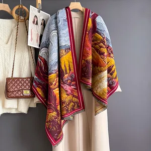 Gros plan détaillé du châle pashmina style peinture à l'huile avec des bords à franges