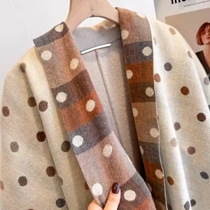 Polka dot knitted cashmere shawl with stylish check pattern and thick winter texture