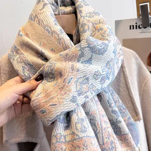 Close-up of ethnic floral jacquard scarf with thick cashmere texture for winter warmth