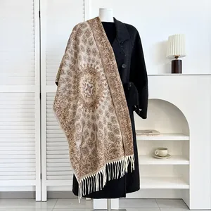 Ethnic style warm pashmina shawl with vintage totem print and fringe for women