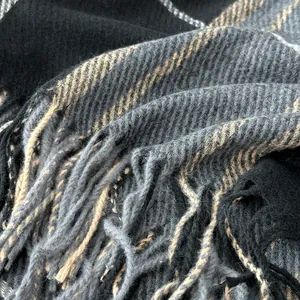 Close-up of thick plaid scarf featuring soft texture and decorative fringe details