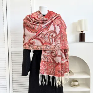 Ethnic paisley cashmere feel pashmina scarf in red with tassels for women