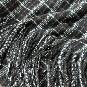 Classic black and brown plaid scarf with fringe, soft warm winter cashmere-feel shawl