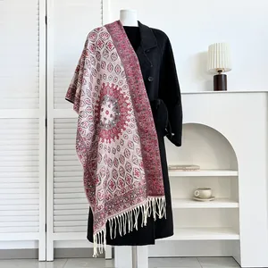 Women Ethnic Style Warm Scarf Winter Thick Cashmere Like Shawl With Tassels Mandala Paisley Pattern Retro Oversized Pashmina Wrap