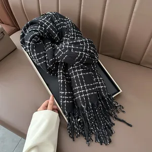 Classic Plaid Tassel Scarf Imitation Cashmere Thick Warm Winter Pashmina Shawl Wrap For Women Men Fashion Neck Warmer