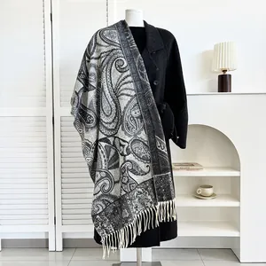 Ethnic paisley cashmere feel pashmina shawl with fringes for winter outfits