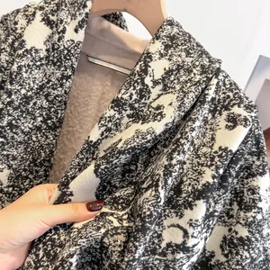 Ink art style double-sided cashmere shawl with thick faux shearling lining for winter