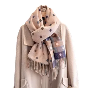 Soft beige cashmere-like scarf for women with colorful polka dots and fringe details