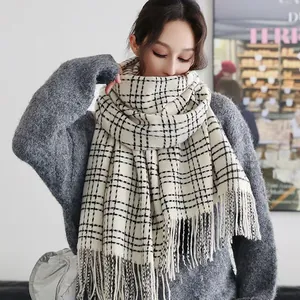 Plaid checkered thick winter scarf with long tassels for women and men in black and white