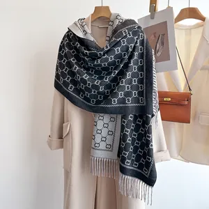 Écharpe Chaude de Luxe pour Femmes avec Lettres Double Face Imitation Cachemire Châle Épais à Glands pour Hiver Automne