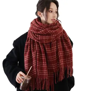 Classic red plaid cashmere scarf for women and men with tassels for winter warmth