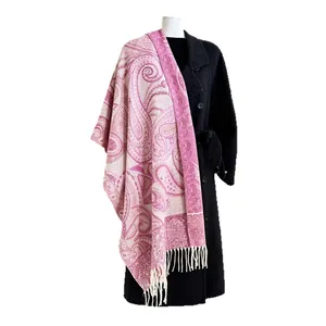 Pink and beige paisley cashmere-like thick winter scarf with decorative fringes